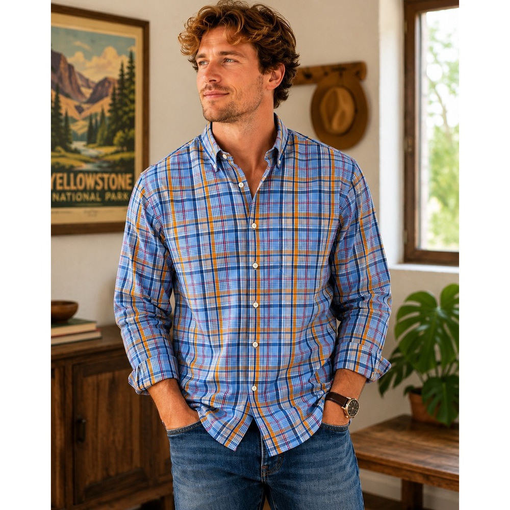 Peter Millar Button Front Mens Medium Blue Plaid Excellent MF16W109CBL Cotton